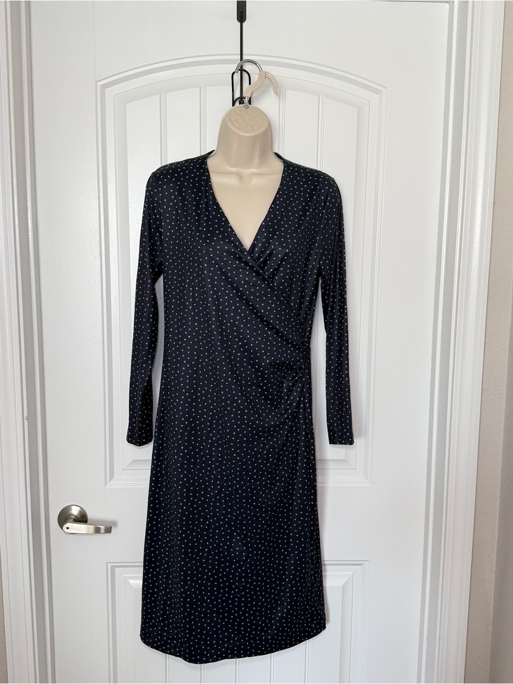 Ann Taylor Small Navy White Faux Wrap Classic Midi Lined Dress Minimalist Retro